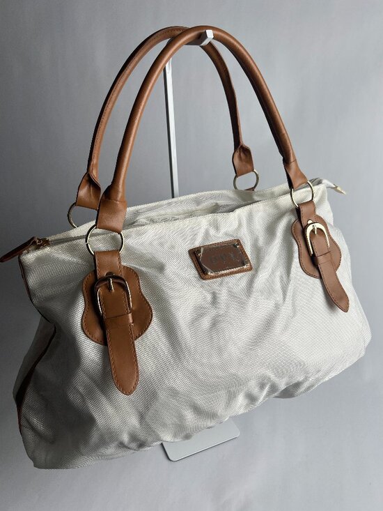 OPI Handbags - OPI Large Tote Bag Ivory Canvas Tan Faux Leather Shoulder Travel Weekender Purse